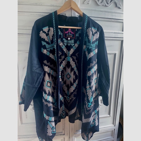 NWOT Johnny Was Linen Embroidered Aztec Kimono Black, Tan & Aqua - Picture 8 of 15